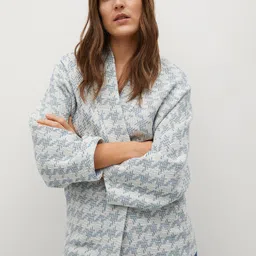 MANGO Women Blue White Houndstooth Checked Open Front Jacket-2