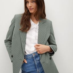 MANGO Women Green & Off-White Checked Double Breasted Sustainable Casual Blazer-image-94