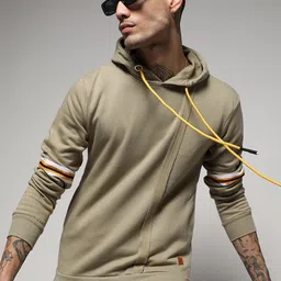 Campus Sutra Beige Striped Hooded Cotton Pullover Sweatshirt-image-92
