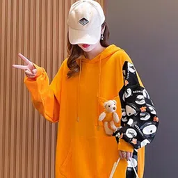 StyleCast Orange Graphic Printed Terry Longline Hooded Sweatshirt-picture-32