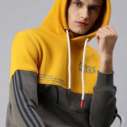 SHOWOFF Men Yellow Printed Cotton Hooded Sweatshirt-image-79