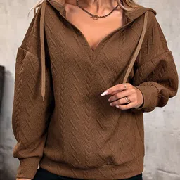 StyleCast Brown Self Design Hooded Pullover Sweatshirt-image-25