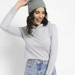 Campus Sutra Hooded Cotton Crop Pullover Sweatshirt-image-39