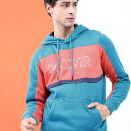HIGHLANDER Men Teal & Orange Colourblocked Hooded Sweatshirt-image-73