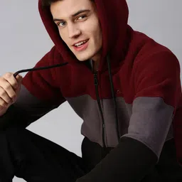 SHOWOFF Men Maroon Colourblocked Hooded Sweatshirt-picture-5