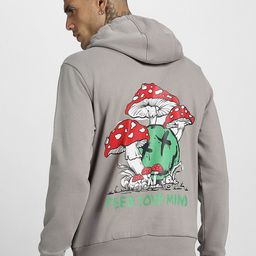 VEIRDO Grey Graphic Printed Hooded Fleece Pullover Sweatshirt-image-5