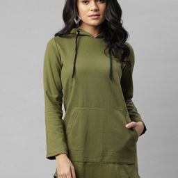 Rigo Women Olive Green Fleece Hooded Longline Sweatshirt-picture-19