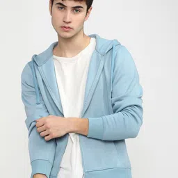 HIGHLANDER Men Blue Solid Hooded Front Open Sweatshirt-6
