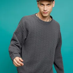 HIGHLANDER Self Design Oversized Drop Shoulder Round Neck Textured Sweatshirt-picture-19
