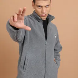 HIGHLANDER Grey Mock Collar Drop Shoulder Sleeves Oversized Front-Open Sweatshirt-picture-2