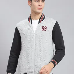 Monte Carlo Geometric Self Design Mock Collar Ribbed Front-Open Sweatshirt-6