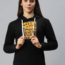 Campus Sutra Women Black & Orange Printed Hooded Pullover Sweatshirt-image-43