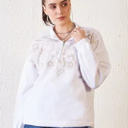 Antheaa White Floral Embroidered Mock Collar Fleece Pullover-image-99