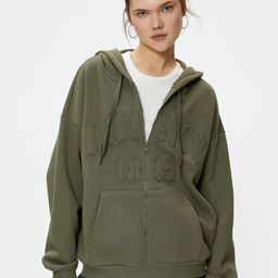 Koton Typography Embroidered Hooded Front-Open Sweatshirt-51