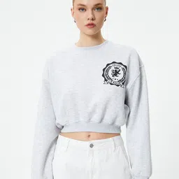 Koton Typography Printed Ribbed Pullover Crop Sweatshirt-image-66