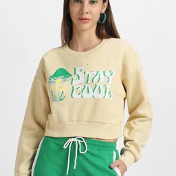JUNEBERRY Typography Printed Crew Neck Fleece Cropped Pullover Sweatshirt-image-97