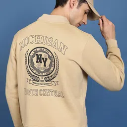 HIGHLANDER Beige Typography Printed Mandarin Collar Long Sleeves Front-Open Sweatshirt-picture-11
