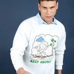 HIGHLANDER White Graphic Printed Relaxed Round Neck Pullover Sweatshirt-image-61