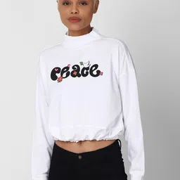 FOREVER 21 Women White Printed Cropped Sweatshirt-image-0