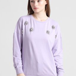 ONLY Onlflower Crystal Round Neck Embellished Pullover Pure Cotton Sweatshirt-image-64