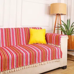 STITCHNEST Red & White Geometric Woven Design Cotton 1 Seater Sofa Cover With Arms-image-12