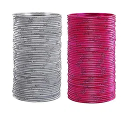 Guddan Set of 96 Grey & Rani Glitter Metal Bangles-55