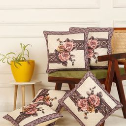 HOSTA HOMES Cream-Coloured & Peach-Coloured Set of 5 Floral Velvet Square Cushion Covers-picture-12
