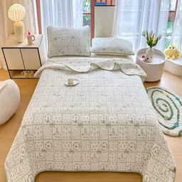 JC HOME White & Pink Printed Pure Cotton 240 TC Double King Bed Cover With Pillow Covers-image-63