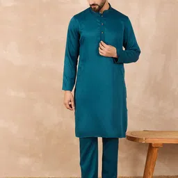 House of Pataudi Men Mandarin Collar Knee Length Straight Kurta With Pyjama-picture-35