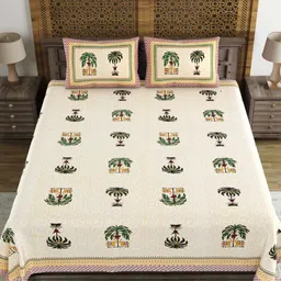 BLOCKS OF INDIA Yellow & Green Ethnic Motifs 120 TC King Bedsheet with 2 Pillow Covers-image-61