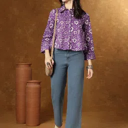 JANAKDULARI CREATION Floral Print Cotton Shirt Style Crop Top-image-72