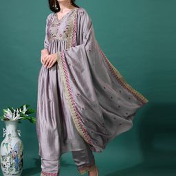 KALINI Floral Embroidered V-Neck A-Line Kurta With Palazzos And Dupatta-13