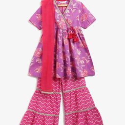 Campana Girls Floral Printed Pure Cotton Angrakha Kurta with Sharara & Dupatta-picture-26