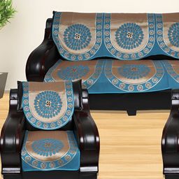 TANLOOMS Teal & Gold-Toned 6Pcs Self Design 5 Seater Sofa Covers-image-78