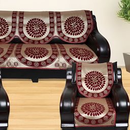 TANLOOMS Maroon & Gold-Toned 6Pcs Self Design 5 Seater Sofa Covers-14
