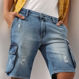 Campus Sutra Men Washed Mid-Rise Distressed Denim Short-image-53