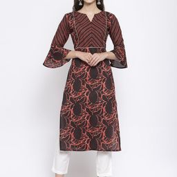 Indibelle Ethnic Motifs Printed Bell Sleeves Gotta Patti Cotton Kurta-image-68