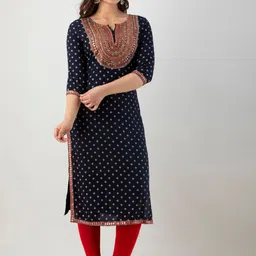 FASHION DEPTH Women Navy Blue Ethnic Motifs Printed Keyhole Neck Flared Sleeves Mirror Work Kurta-picture-3