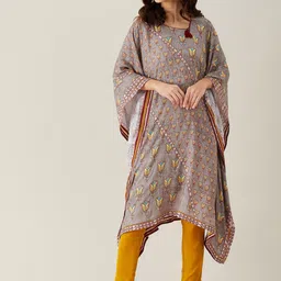 The Kaftan Company Women Grey Floral Dobby Kaftan Kurta-image-37