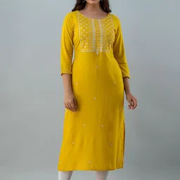 KIMAYRA Women Yellow Embroidered Keyhole Neck Kurta-image-69