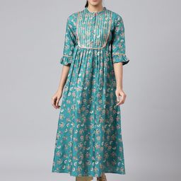 AURELIA Women Green Ethnic Motifs Printed Keyhole Neck Kurta-image-60