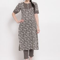 Indibelle Women Coffee Brown & Grey Floral Screen Printed Cotton Straight Kurta-8