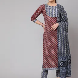 GLAM ROOTS Women Maroon Ethnic Motifs Panelled Gotta Patti Pure Cotton Kurti with Trousers & With Dupatta-55