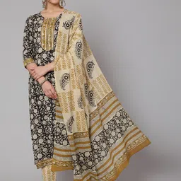 GLAM ROOTS Women Black Ethnic Motifs Printed Empire Gotta Patti Pure Cotton Kurta with Trousers & With Dupatta-picture-27