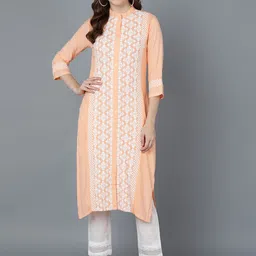 AHIKA Women Peach-Coloured & White Floral Embroidered Thread Work Kurta-18