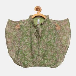 KiddoPanti Green Floral Print Tie-Up Neck Georgette Cape Top-image-72