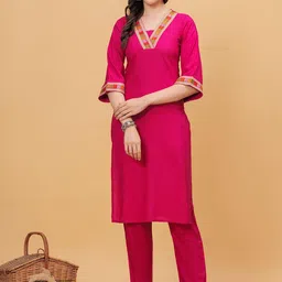 kipek Pink V-Neck Three-Quarter Sleeves Straight Kurta with Palazzos-18
