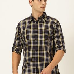 Harvard Navy Blue Classic Slim Fit Twill Tartan Checked Pure Cotton Casual Shirt-image-82