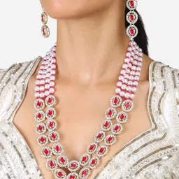 Zaveri Pearls Gold Plated Austrian Diamond-Studded & Beaded Necklace And Earrings-8