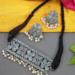 I Jewels Silver-Plated  Oxidized Stone-Studded Jewellery Set-image-99
